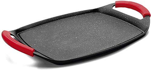 Plancha de Asar con Revestimiento de Piedra - Antiadherente | Apta para todo tipo de Cocinas, Inducción | Color Negro - Rojo | 47cm
