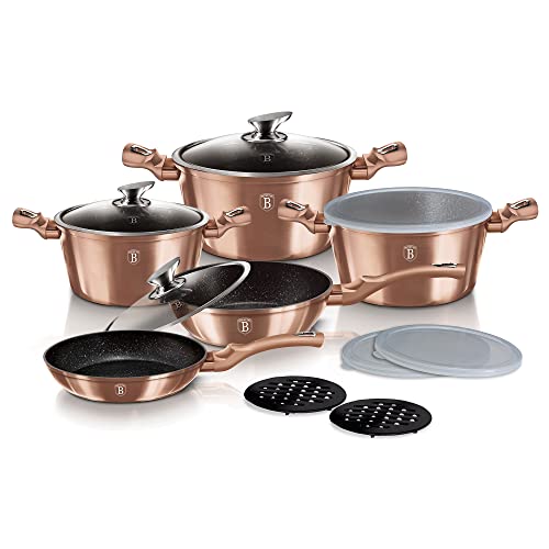 Berlinger Haus Rose Gold Batería Cocina Inducción 13 Piezas, Antiadherente Mármol sin PFOA, Aluminio, Set 3 Cazuelas, 3 Tapas Cristal 3 Herméticas, 2 Sartenes, 2 Salva Manteles, Vitrocerámica