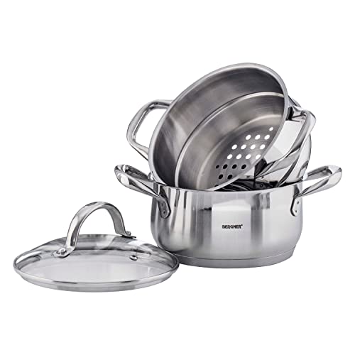BERGNER Gourmet | Cacerola de Cocina Con Hervidor | Cazuela con Tapa, Hervidor y Capacidad de 2,2L | Acero Inoxidable | Muy Resistente, Fácil de Limpiar y Para Todo Tipo de Cocinas