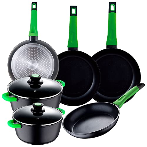 San Ignacio Batería de Cocina 8 Piezas Vitoria: 2 cacerolas con Sus Tapa de Vidrio, de Ø20x9 y Ø28x12,5 y Set de 4 sartenes de Ø20x4,5 Ø24x5 Ø26x4,5 y Ø28x5,4 cms, Aluminio Fundido