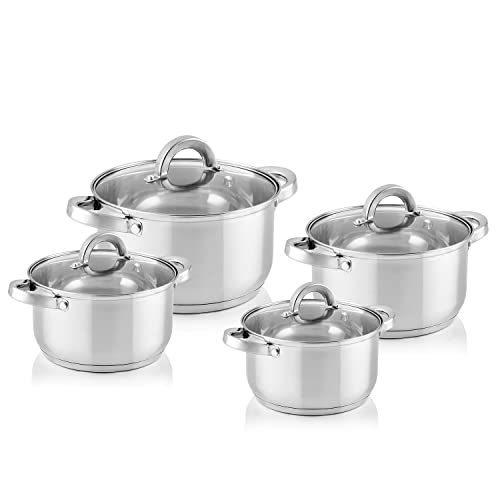 FLORINA Claude Batería de Cocina Acero Inoxidable, 8 Piezas, Inducción, 4 Cacerolas, 4 Tapas de Cristal, Apta Para Todo Tipo de Cocinas, Apta Lavavajillas 5K4517