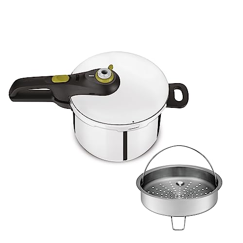 Tefal Secure 5 Neo Olla a presión de acero inoxidable 6L, ahorro energético hasta 50%, cocción a presión, 2 programas, sistema de seguridad de 5 puntos, compatible inducción, apta lavavajillas, P25307