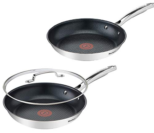 Tefal A85632 Juego de sartenes de inducción (6 piezas, sartén de 24 + 28 cm, tapa de cristal Jamie Oliver de 28 cm, 3 insertos de fieltro, revestimiento antiadherente Titanium Force, asas de acero