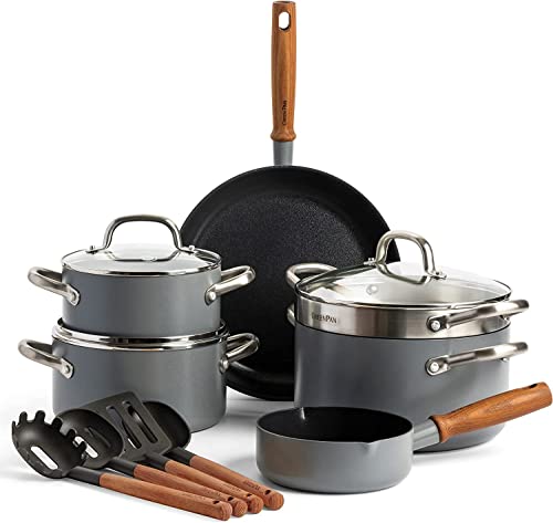 GreenPan Mayflower Pro Antiadherente Cerámico Saludable Anodizado Duro, Juego de 13 Piezas de Batería de Cocina, Inclu. Sartén y Olla, Mango de Madera Vintage, Apto para Inducción, Gris Carbón