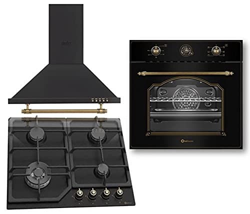 SOLTHERMIC CONJUNTO ENCIMERA GAS 4 FUEGOS + HORNO ELECTRICO 64 L. + CAMPANA EXTRACTORA/ESTILO RUSTICO NEGRO CON MANDOS DORADOS/ANCHO 60 CMS