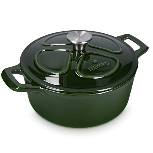 Navaris Cacerola de hierro fundido con tapa - Cazuela con 2 asas para cocinar en horno plancha - Olla cocotte redonda 24 CM - Marmita de 3.5 L - Verde