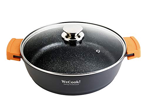 WECOOK! - Cacerola Baja Ecochef Inducción 30 cm con Tapa de Cristal, Antiadherente QUANTANIUM Ecológico, sin PFOA, Aluminio Fundido 5mm, Asas Silicona, Apta para Todo Tipo de Cocinas, Tamaño 30 cm