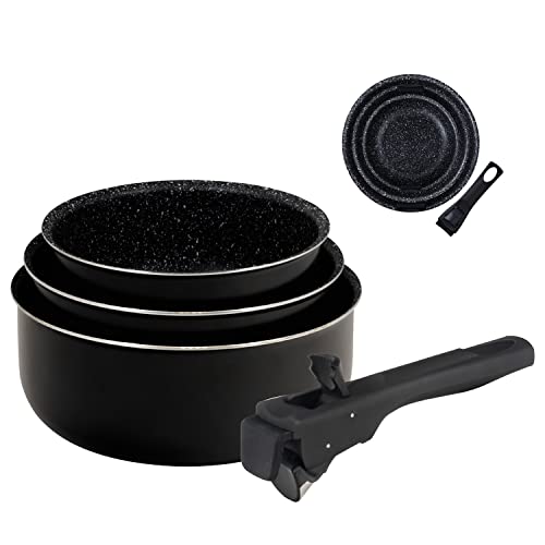 BERGNER Click & Cook | Juego de Cazos de Cocina | 3 Piezas de 16, 18 y 20 cm | Aluminio Prensado y Antiadherente | Con Mango Ergonómico Extraíble| Menaje de Cocina | Para Todo Tipo de Cocinas y Horno
