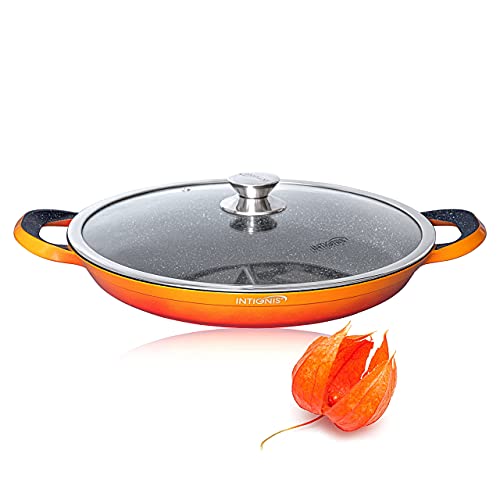 INTIGNIS Paellera con Tapa - 36cm - Esencial de Cocina para Saltear, Asar a la Parrilla - Recubrimiento Antiadherente Derivado de la Piedra, Base de Acero Inoxidable, Apto para Horno (Orange)
