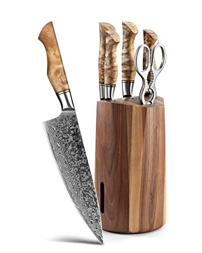 HEZHEN Damasco 7Piezas Set Cuchillo Cocina, cuchillo de cocina de acero de con alto contenido de carbono cuchillo universal para pan de Santoku,tijeras cocina, mango de madera con sombra blanca