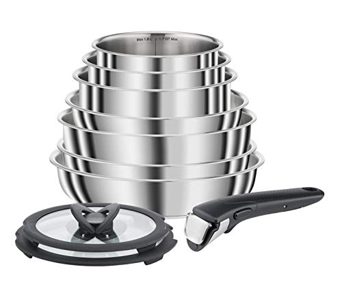 Seb Compact Inox - Batería de cocina de 10 piezas, inducción, estufas 22/24/26 cm, cacerolas 16/18/20 cm, sartén 24 cm, tapas 18/20 cm, 1 mango L953SA04, negro, plata, ‎35,4 x 35,29 x 26,8 cm