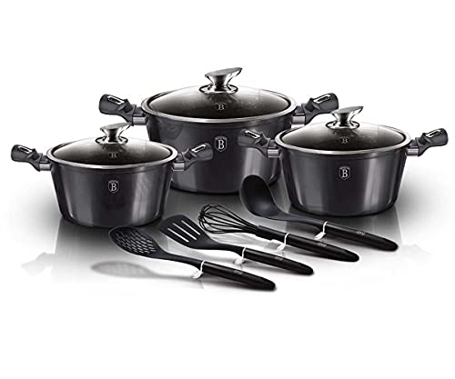 Berlinger Haus Carbon Pro Batería Inducción, Antiadherente Mármol sin PFOA, Aluminio, 3 Cazuelas/3 Tapas Cristal/4 Utensilios de Cocina, Metallic Line, Vitrocerámica, Gris Oscuro Metalizado (BH-6919)