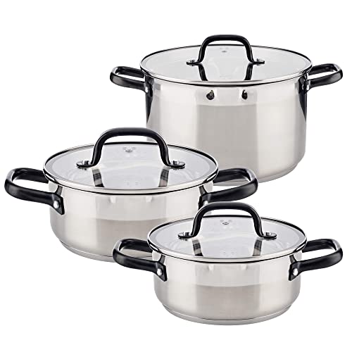 San Ignacio Set 3 cacerolas CON TAPA de vidrio VITA: Ø20x8,5 Ø24x10 Ø28x16,5 cms, acero inoxidable inducción