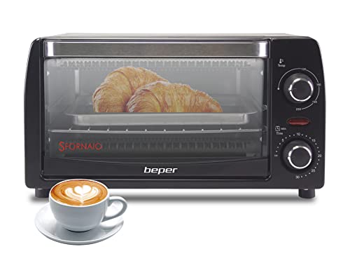 BEPER 90.882 12 L con Temperatura Regulable y Temporizador-Horno Electrico de Sobremesa, Parrilla y Bandeja Incluidas, 1050 W, 12 litros, Aluminio, Negro