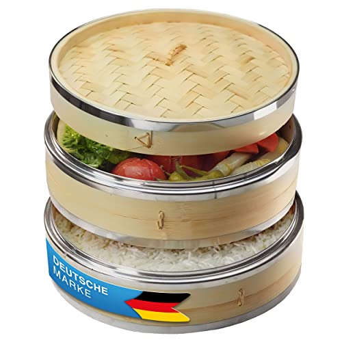 Dimono® Vaporera de bambú con acero inoxidable, Vaporera de 2 niveles con tapa, Cesta de cocción de arroz Cocedor de bambú para Sim Sum Dumplings, Verduras, Arroz, Carne, Pescado (Ø 24 cm)