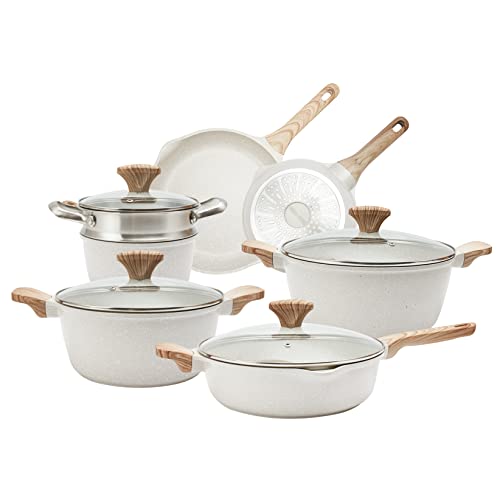 Country Kitchen Juegos de utensilios de cocina antiadherentes – 11 piezas de ollas y sartenes de aluminio fundido antiadherente con asas de BAKELITE – Ollas y sartenes de inducción con tapas de