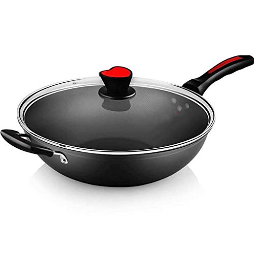OQHAIR Wok antiadherente con tapa, woks antiadherentes y sartenes salteadas con revestimiento de cerámica roja craquelada, wok salteado grande