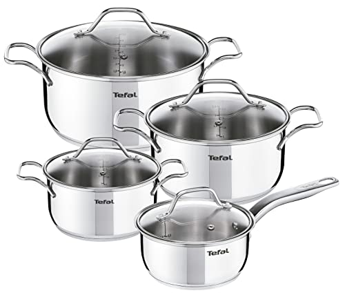 Tefal Intuition - Juego de 4 Ollas cocina: 1 Cazo cocina 16 cm, Cacerolas 20/24 cm, 1 Olla 28 cm de acero inoxidable, 4 tapas cristal, marcas medición, todo tipo cocinas, apto horno y lavavajillas