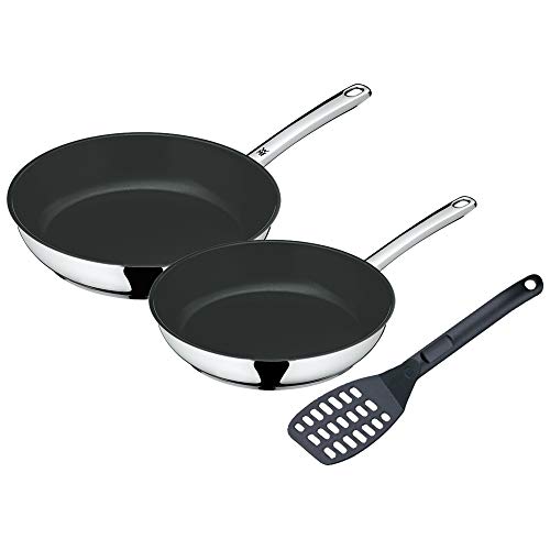 WMF Devil - Juego de sartenes (3 piezas, 24, 28 cm, con espátula, revestimiento de acero inoxidable Cromargan, inducción, revestimiento de cerámica, aptas para horno)