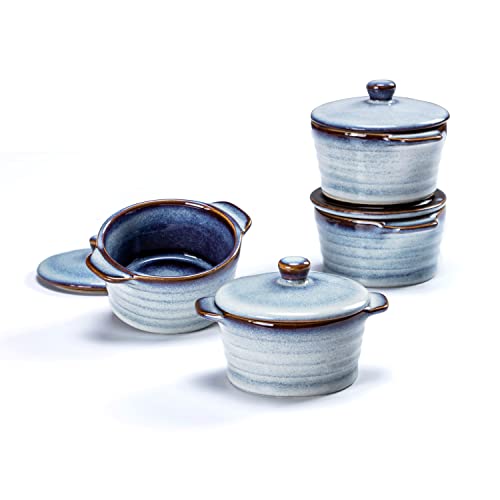 Mini Cocotte, Moldes de Gres con Tapa y Asas, Juego de 4 Platos para Horno de Cazuela para Creme Brulee Soufflé, Aptos para Horno, Cuencos para Moldes - Azul