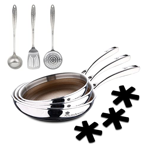 MasterPRO Giro 3 | Juego de Sartenes Antiadherentes de 20, 24 y 28 cm | Con Triple Capa de Acero Inoxidable y Aluminio | Set de 3 Utensilios Origen y Protector de Sartenes | Todo Tipo de Cocinas
