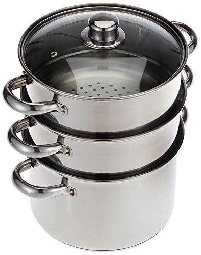 KitchenCraft 3 Olla de Cocción al Vapor, Vaporera para Alimentos de 3 Niveles, Apta para Inducción, Acero Inoxidable, en Caja de Regalo, 22cm (9''), Plateado