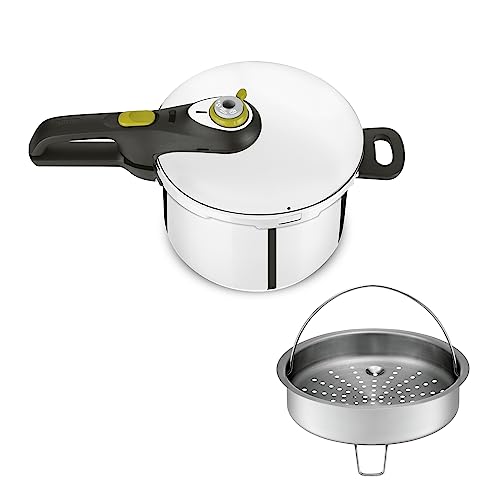 Tefal Olla Express Secure 5 Neo 8 L - Con 5 Sistemas Seguridad, 2 Modos de Cocción, Indicador de Presión, Cierre y Apertura Fácil, Acero Inoxidable + cestillo
