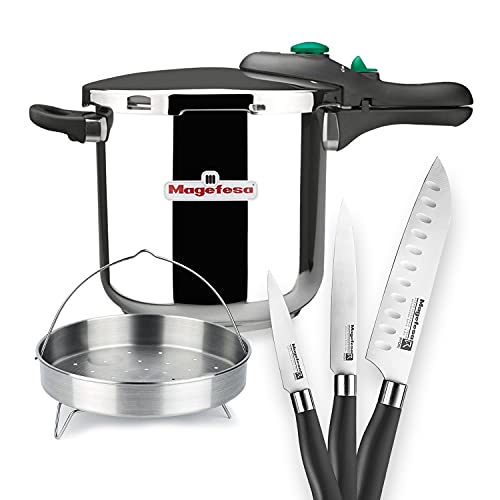 MAGEFESA ® Dynamic olla a presión súper rápida de 6 litros + 3 cuchillos, pack exclusivo, fácil uso, fabricado en acero inoxidable 18/10, apta para todo tipo de cocinas, incluido inducción, express