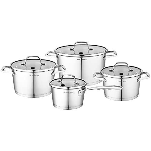 FLORINA Professional Batería de Cocina Acero Inoxidable, 8 Piezas, Inducción, 4 Cacerolas, 4 Tapas de Cristal, Apta Para Todo Tipo de Cocinas, Apta Lavavajillas, 5K3770