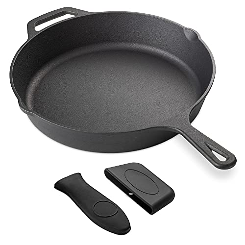 Navaris Sartén de hierro fundido - Cast iron skillet curado con doble mango y 2x protector de silicona - Sartén 30 CM inducción horno plancha gas