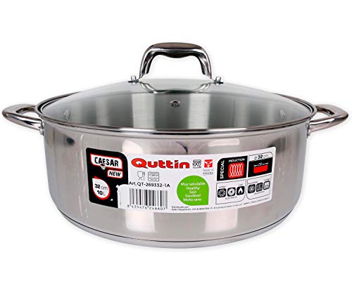 Quttin New Caesar - Cacerola Profesional Induccion, Cocina y Horno, Cazuela Grande, Acero Inoxidable Antiadherente, Tapa Cristal y Asas, 32 cm/10 L