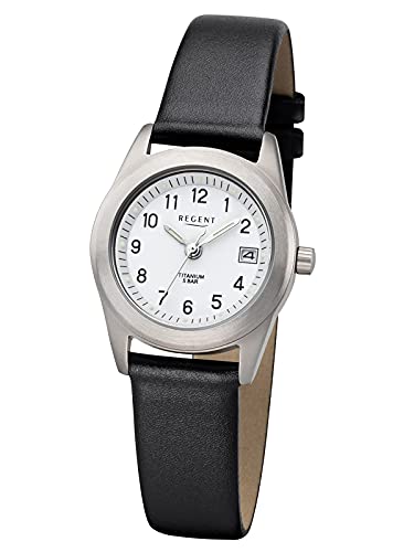 REGENT Reloj de mujer con correa de piel de titanio y hebilla de hebilla, pequeño y ligero, números árabes de cuarzo 26 mm de diámetro con fecha, Blanco, Correa