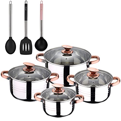 San Ignacio Bateria de cocina 8 piezas apta para induccion, Altea en acero inoxidable con set de 3 utensilios de cocina en nylon, PK3237