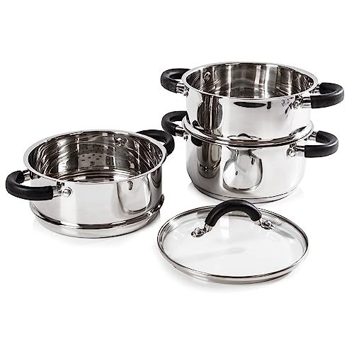 Tower Essentials T80836 Olla Vaporera de 3 Niveles con Tapa de Cristal – Cacerola para Inducción – Olla de Vapor con Asas de Silicona – Olla de Acero Inoxidable Pulido para Cocinar al Vapor – 18 cm