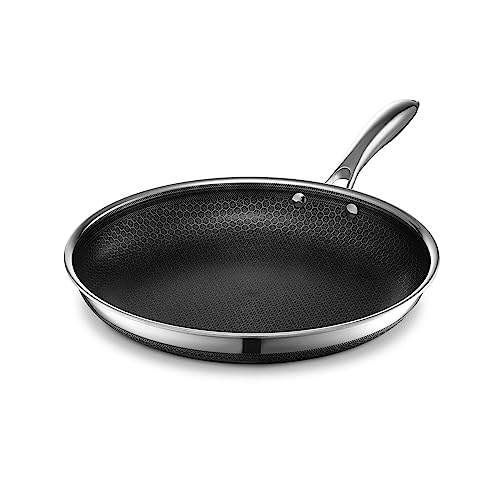HexClad Sartén híbrida de acero inoxidable de 12 pulgadas con mango que se mantiene fresco, libre de PFOA, apta para lavavajillas y horno, antiadherente, funciona con placa de inducción, gas