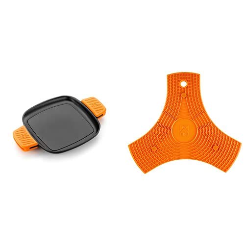 BRA Efficient Iron - Parrilla Cuadrada 24 Cm, Fabricada En Hierro Fundido Esmaltado + Salvamanteles, Silicona, Naranja, 2 Unidades