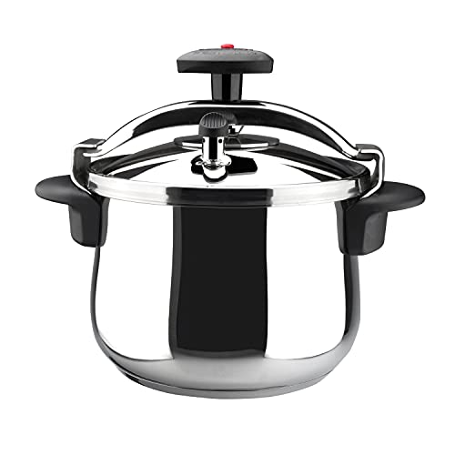 MAGEFESA ® Star Bombeada olla a presión rápida de 6 litros, fácil uso, acero inoxidable 18/10, apta para todo tipo de cocinas, incluido induccion, fondo termo difusor, 3 sistemas de seguridad, express