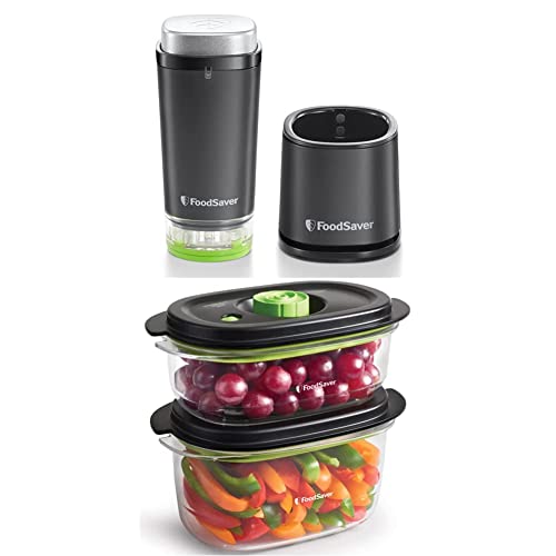 Foodsaver VS1199X Envasadora al vacío de alimentos inalámbrica y portátil, con base de carga, 1 recipiente & FoodSaver Recipiente para conservar y marinar al vacío, Hermético, Libre de BPA