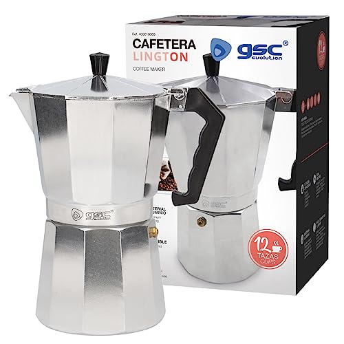 GSC Evolution Cafetera Italiana de Aluminio | 12 tazas | Apta para Todo Tipo de Cocinas | Color Plata | Inducción, Gas, Eléctrica | Fácil Montaje y Desmontaje