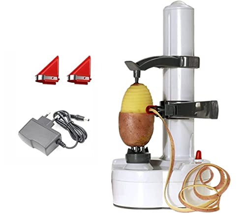 pelamatic Pelador Eléctrico de Frutas Pelamatic - Pela Patatas, Manzanas, Peras, Mangos, Pepinos, etc. con Adaptador de Corriente, 2 Hojas Adicionales, Diseño Seguro, Metálico