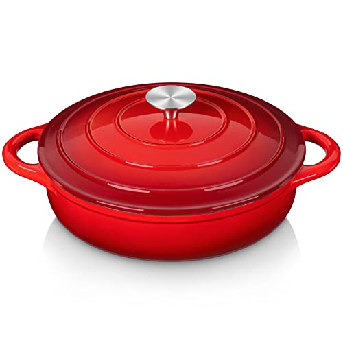 Velaze Cazuela de Hierro Fundido, Cacerola de Inducción, Cocotte Olla Ovalada con Revestimiento Esmaltado y Tapa, Rojo(3,5L)