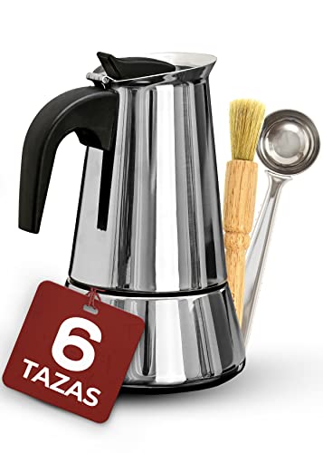 Cafetera Italiana para 6 Tazas - Con Pincel de Limpieza y Cuchara Dosificadora - Apta para Inducción - Acero Inoxidable