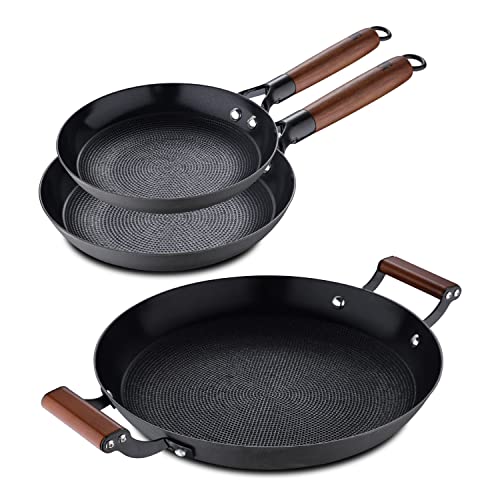 MasterPRO Odín | Juego de sartenes antiadherentes de 2 piezas de 20 y 24 cm y sartén de 32 cm, de hierro prensado, mangos ergonómicos de madera, juego de sartenes, para todo tipo de cocinas