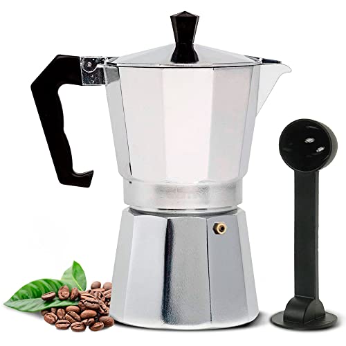 MON TO DO - Cafetera Italiana + Cuchara Prensadora de Café - Cafetera Italiana 6 tazas - Cafeteras Vitroceramica de Aluminio Resistente - 300 ml