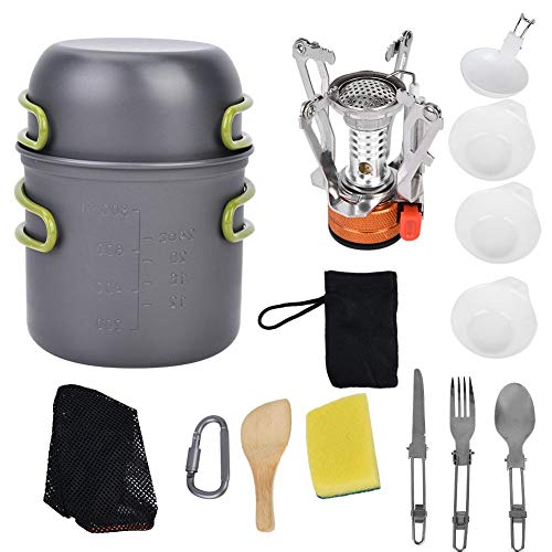VGEBY1 Kit de Cocina para Acampar de 12 Piezas Juego de ollas y sartenes de carburo de alúmina Esencial con Bolsa para 1-2 Personas Campamento al Aire Libre Mochilero Senderismo Picnic y Trekking