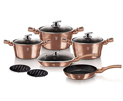 Berlinger Haus Rose Gold Batería Cocina Inducción 11 Piezas, Antiadherente Mármol sin PFOA, Aluminio, 3 Cazuelas, 4 Tapas Cristal, 1 Grill, 1 Sartén, 2 Salva Manteles, Diseño Metallic Line, BH-6191