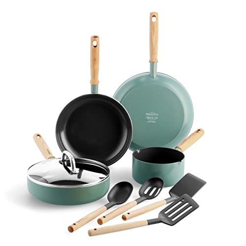 GreenPan Mayflower Juego de 9 Ollas y Sartenes de Cerámica Antiadherente, Mango de Madera Vintage, Sin PFAS, Inducción, Azul Ahumado