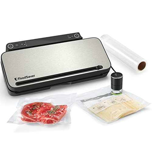 Envasadora al vacío Premium FoodSaver | Envasadora al vacío | con cánula con adaptador para recipientes integrada, 1 Rollo, 4 bolsas & 4 bolsas con cierre tipo zip | Acabado plata y negro [VS3190X]