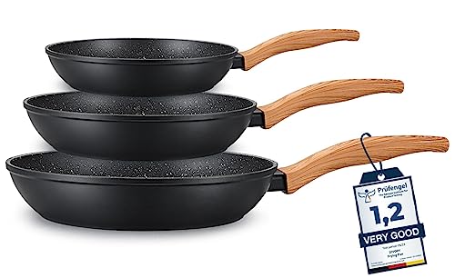 DIVORY 3-teiliges Bratpfannenset 20cm, 24cm, 28cm Induktion - Große Universalbratpfanne mit Antihaftbeschichtung für alle Herdarten - spülmaschinenfest (Griff: Helle Holzoptik)