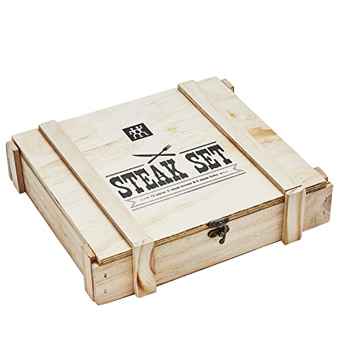 ZWILLING Juego de cubiertos para bistec para 6 personas, 12 piezas, 6 cuchillos y 6 tenedores, Incluye caja de almacenamiento de madera, acero inoxidable/madera